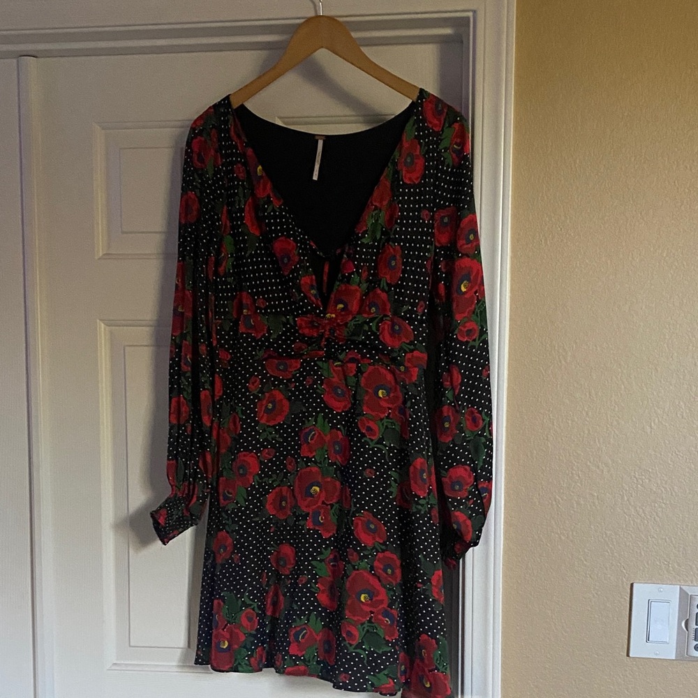 Free People Black Dress with Red Floral Design